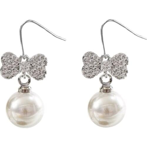 LANFLORA new gift bowknot zircon women pearl stud earrings copper alloy stud earrings Classic bulk wholesale earrings