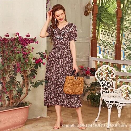 Fashion Chiffon Print High Waist V-neck Floral Dress
