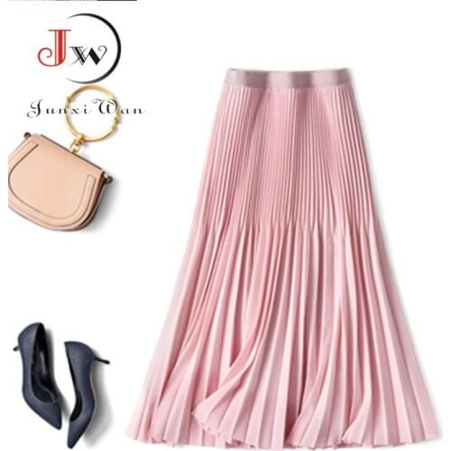 Fashion A-Line Women Pleated Skirt Spring Autumn Elegant Solid High Waist Vintage Office Ladies Midi Skirts Faldas