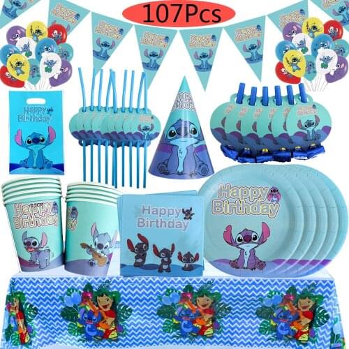 Disney Lilo & Stitch Theme Party Supplies Disposable Tableware Set Paper Cup Plate Napkin Flag Birthday Party Decorations Supply