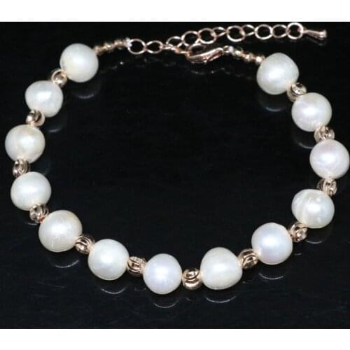 Natural 9-10mm Round White Freshwater Pearl Beaded Strand Bracelet Bangle Rose Gold-Color Clasp Bracelets Jewelry 7.5inch B1413