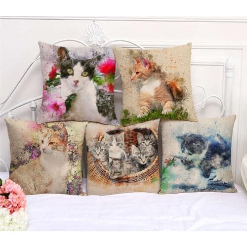 Throw Pillow Cases Watercolor Cat Cut Animals Cushion Cover 45x45cm Home Living Room Decoration Linen/Cotton Pillowcover Decor