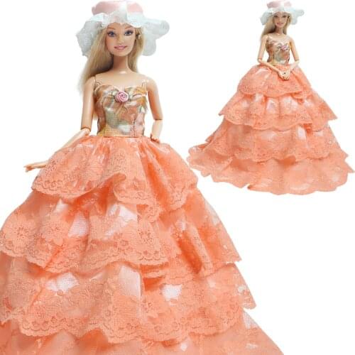 Newest Fashion Lace Doll Dress Bride Party Wear Outfit Long Gown + Hat Princess Clothes for Barbie Doll Accessories Kids Toy