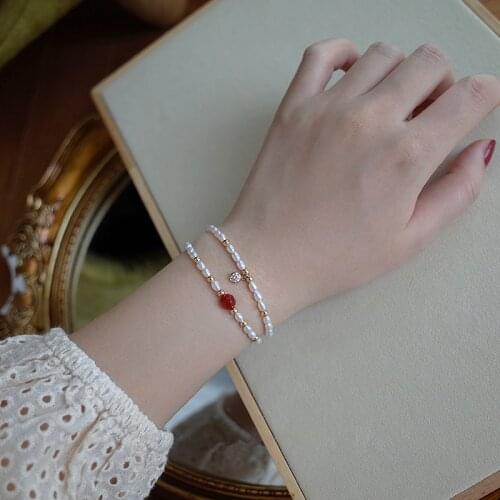 Original Real Natural Freshwater Pearl Bracelet for Women with 14K Gold Filled Button Red Agate Handmade Summer Jewelry Gift