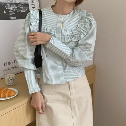 Alien Kitty Sweet Striped Shirts Gentle Streetwear New Stylish Tops Autumn O-Neck 2021 Hot OL Tops Ruffles Office Lady Blouses
