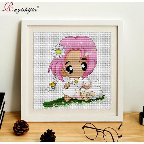 RUYISHIJIA Young Girl and Little Sheep Pattern Needlework Cross Stitch Set by Starter Kit Beginners Home Decoration Art Wall