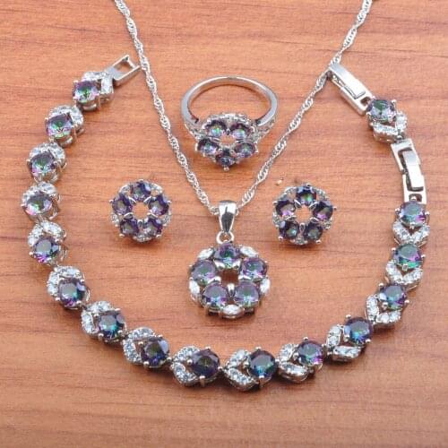 Bridal Jewelry Sets Rainbow Zirconia Silver Color For Women Earrings Necklace Pendant Rings Bracelet Sets JS0583