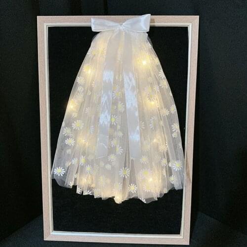 Glowing Yarn Ribbon Bow Headdress Long Lace Veil with LED Lights Flower Dot Decor Headwear Prom Wedding Party Headpiece