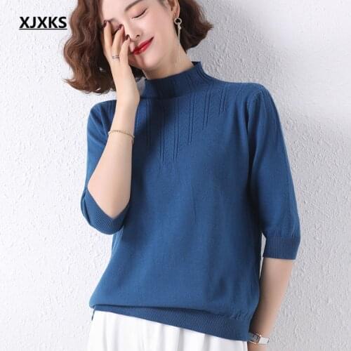 XJXKS High collar mid-sleeve autumn sweater women pullover 2021 new high elasticity comfortable women wool sweater