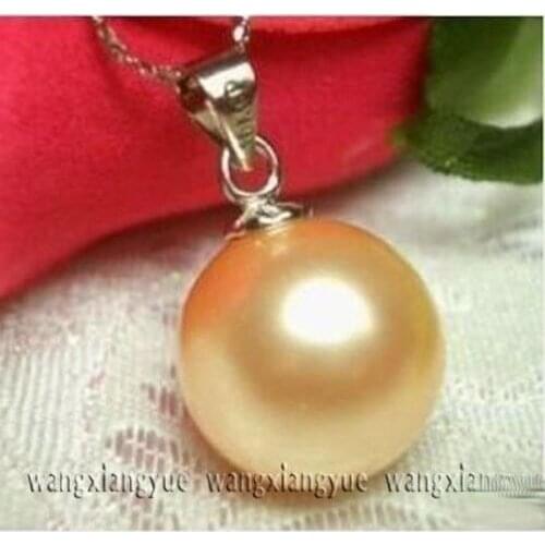 14mm Yellow South Sea Shell Pearl Round Bead Pendant Necklace 18"AAA