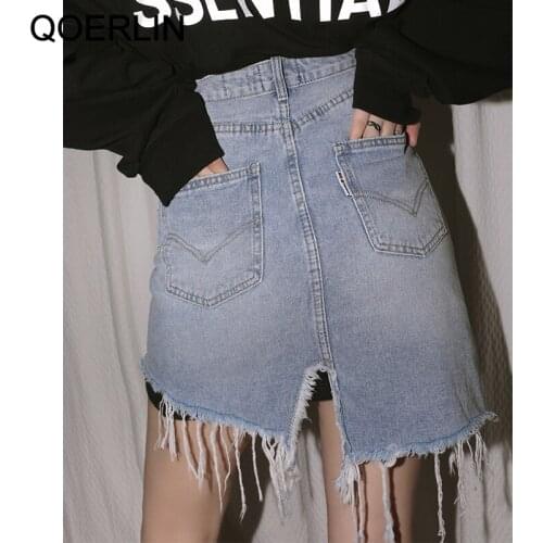 QOERLIN Vintage Ripped Harajuku Jeans Skirts Women Summer High Waist Irregular Short Mini Denim Skirt Sexy Streetwear Saia Mujer