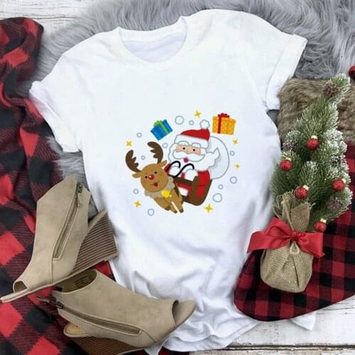Female Harajuku Graphic Tshirt Christmas Santa Claus Print T-shirt Unisex Short Sleeve Tops Casual Cotton Clothes