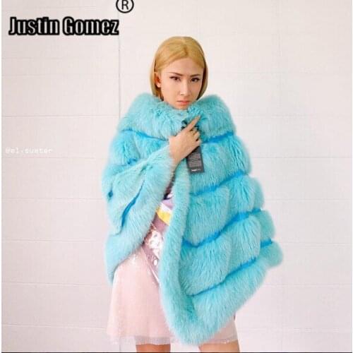 Womens jackets keep warm Light Blue Poncho Design real fox fur cape coats Marriage party Wear natural fur outer clothing