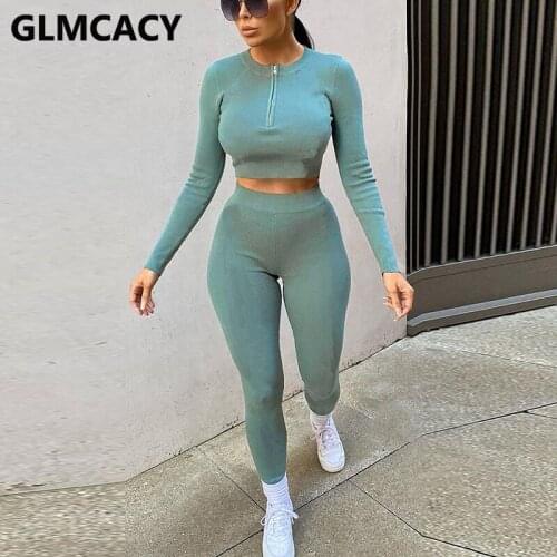 Women Casual Two Piece Suits Long Sleeve O Neck Crop Top & Slim Pants Set