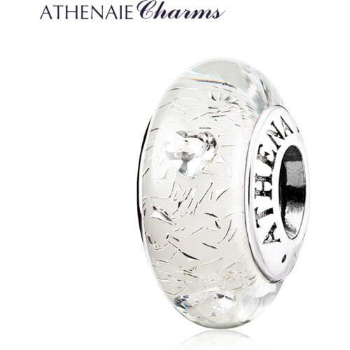ATHENAIE 925 Sterling Silver Core Shimmer Clear CZ Murano Glass Bead Heart Charms Beads for Women Bracelet Grilfriend Gift