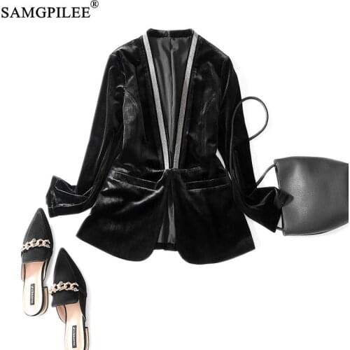 Blazer Women 2020 Full Sleeve Solid Jacket Woman Autumn Hidden Breasted V-neck Beading Casual Coat Womens Autumn Blazer Mujer