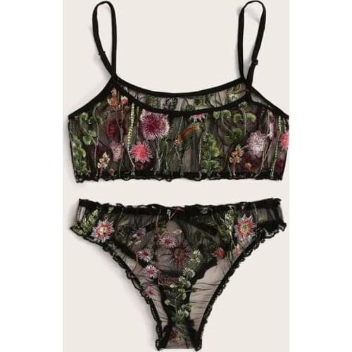 Womens Sexy Lingerie Set, Floral Embroidered Sheer Mesh Bra + Panty 2 Piece Nightwear Set 2020 New