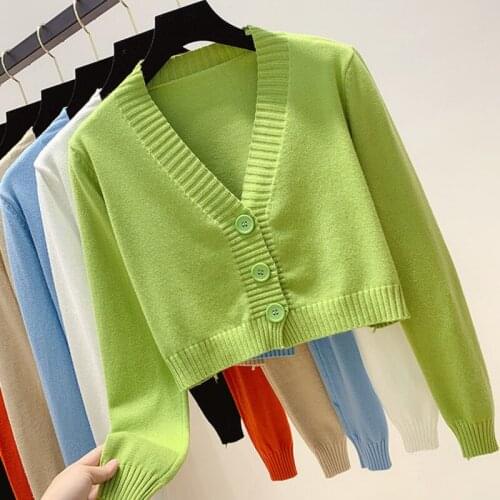 Autumn New Women V-neck Long Sleeve Solid Cardigans Knitted Short Sweater Button Crop Top 2021 Fashion