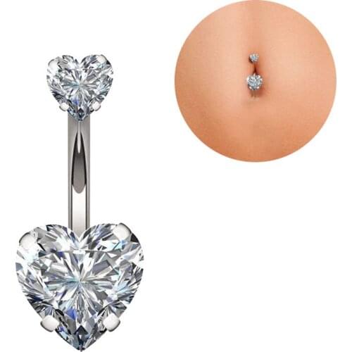 Double Heart Zircon Inner Thread Navel Ring Banana Belly Button Ring 316L Steel Belly Bar Body Piercing Jewelry For Women
