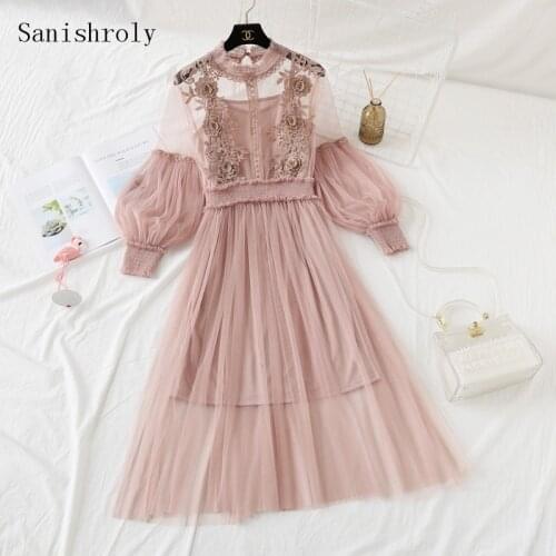 Two-piece Summer Autumn Women Hollow Out Floral Lace Dress Sweet Lantern Sleeve Mesh Dress Ladies A Line Pleated Long Vestidos