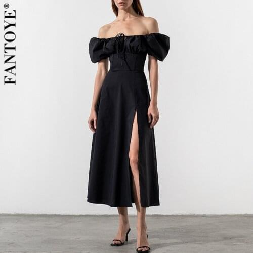Fantoye Sexy Backless Puff Sleeve Women Dress Black Short Sleeve High Split Fashion Dress Ladies Summer Slim Party Wear Vestidos
