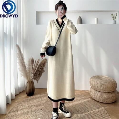 2021 Korean Version of The V-neck Stripe Contrast Sweater Dress Women Over The Knee Loose Straight Knit Dress All-match Dresses