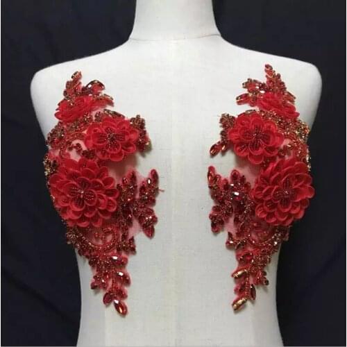 1 pair Red Rhinestone Applique Black Crystal Flower Rhinestones Applique Hot Fix Iron Sew On For Wedding Dresses