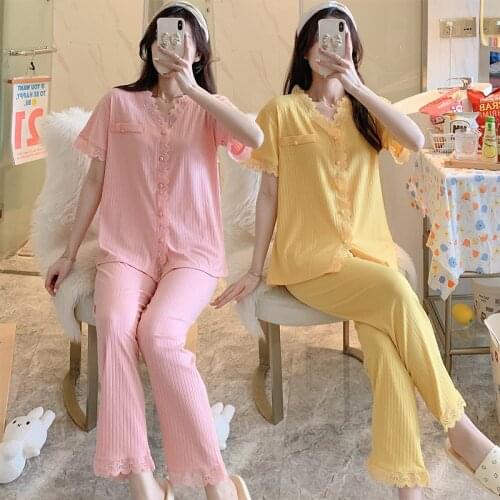 2021 Summer Short Sleeve Long Pants Lace V-neck Pajama Sets for Women Cotton Sleepwear Suit Pyjama Homewear Pijama Mujer Clothes