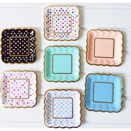 8PCS 12.5cm Gold Foil Small Square Dot Cake Paper Plates for Wedding Party Birthday Supplies Disposable Tableware Party Decor