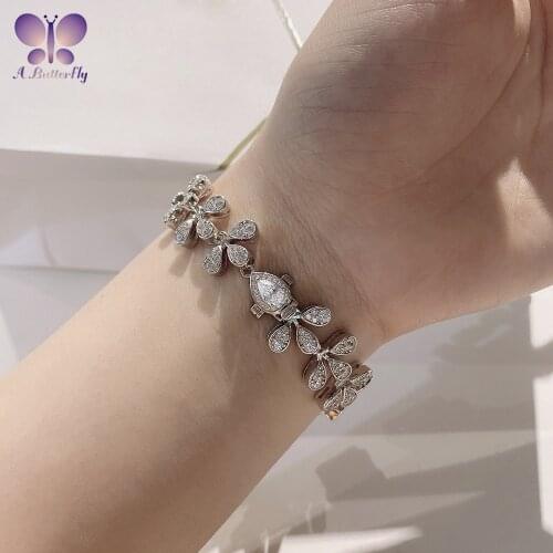 100% 925 Sterling Silver Bracelet Very Shiny High Carbon Diamond Exquisite Jewelry Flower Design Wedding Anniversary Gift
