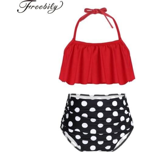 2Pcs Kids Girls Swimwear Ruffle Swimsuit Halter Neck Bikini Crop Top Polka Dots Bottom Bikini Set Childrens Beach Swimming Suit