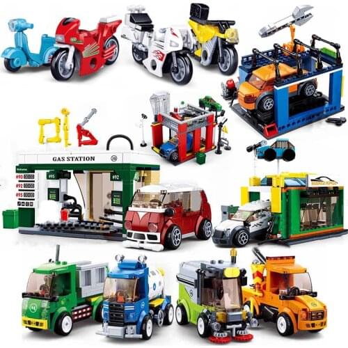 Sluban City Car Technical Motorcycles Vehicle Service Station Model Building Block Sets Friends Educational Toys Gift Children