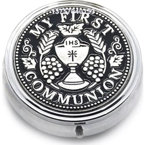 Round Mental Jewelry Box Cosmetic Case Ring Earring Storage Organizer with Holy Communions Print Picture Female Women