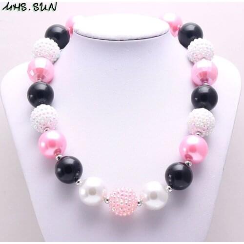 MHS.SUN 5PCS Beauty Baby Girls White+Black+Pink Chunky Beaded Necklace For Kids Children Handmade Bubblegum Necklace Jewelry