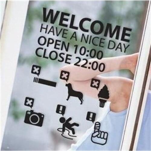 Trendy shop store glass wall warning sign welcome and opening time banner sticker advertising poster wall sticker store sticker