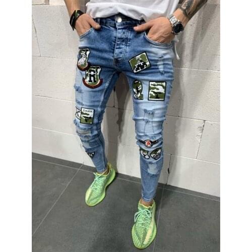 Mens Ripped Skinny Jeans Mid Waist Fashion Pattern Decor Slim Fit Patchwork Embroidery Stretch Casual Wild Daily Wear Pants