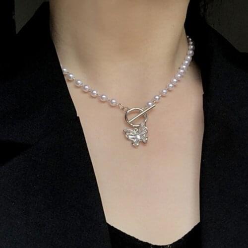 MWSONYA Fashion New Korean Pearl Necklace Butterfly Pendant for Women Rhinestone Chain Temperament Pendant Party Jewelry Gift