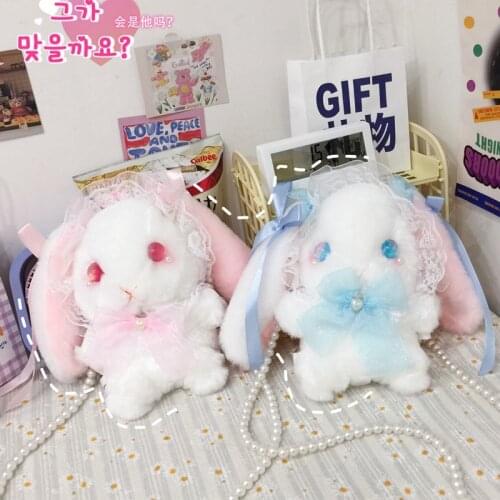 2021 New Kawaii Cute Lolita Shoulder Bags for Girls Plush Lace JK Bag Big Ear Rabbit Messenger Bag Toy Plush Backpack