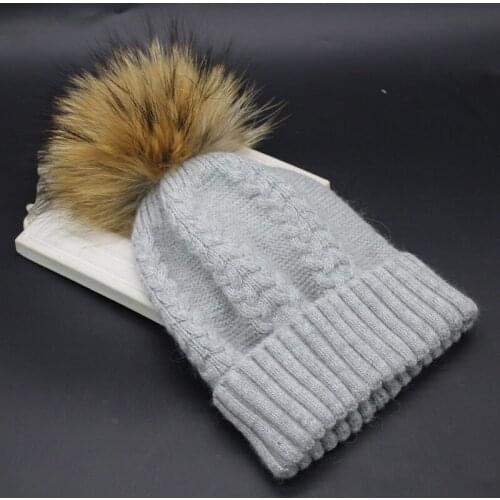 New arrival wool twisted knitted beanies pom pom knitted beanies real raccoon fur all match fashion unisex women female fur hats