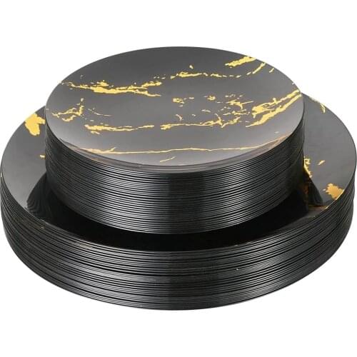 Disposable Plastic Tableware 20 Piece Pack Black Marble Design Plastic Dinner Plate Birthday Wedding Party Supplies