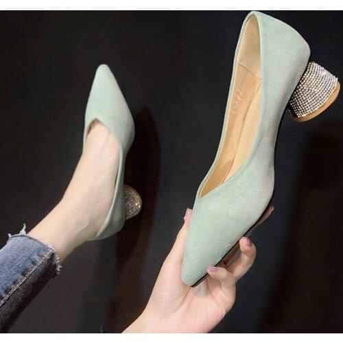 Ol Office Lady Shoes Pointed Toe Pumps Crystal Heels Dress Shoes Faux Suede Boat Shoes Woman Rhinestone Pump zapatos mujer