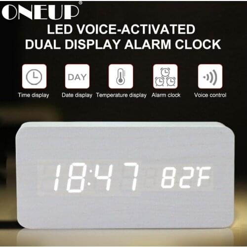 ONEUP Wooden Square Sound Control Alarm Clock LED Digital Smart Electronic Clock Date Display Thermometer Desktop Clock