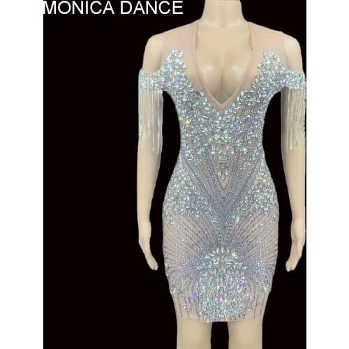 Sexy Stage Crystals Stones Transparent Mesh Dress Fringes Sleeves Birthday Celebrate Costume See Through Costume Dancer Dress