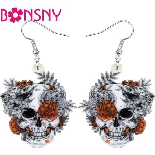 Bonsny Acrylic Halloween Gray Skeleton Skull Earrings Print Flower Dangle Drop Jewelry For Women Girls Kids Trendy Festival Gift
