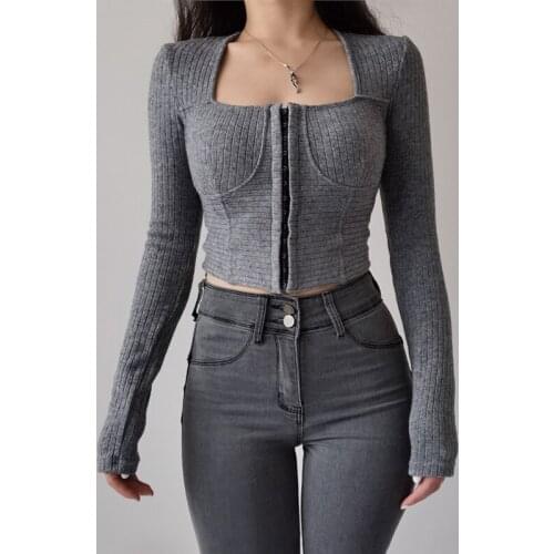 WOMENGAGA Women Sexy Corset Bust Seam Ribbed Long Sleeve Top With Hook And Eye Front Hot Sexy Korean Sweater Tops UD8S