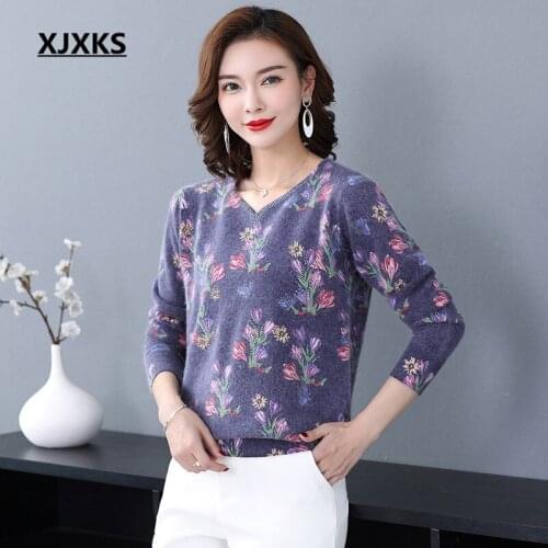 XJXKS High-end Mink Cashmere knitted sweater women pullover 2020 spring new fashion printing loose plus size women sweater