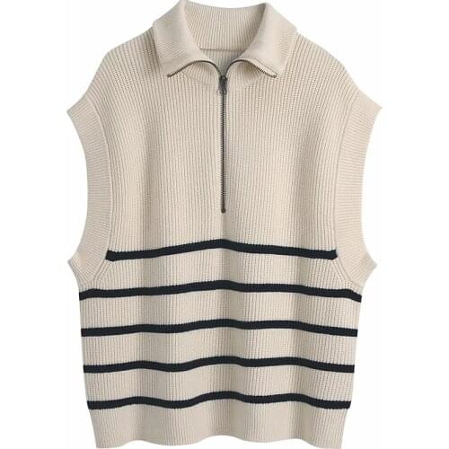 Aonibeier 2021 Za Woman Casual Traf Pull Femme Autumn Winter Sleeveless Half Zipper Knit Gilets Striped Loose Sweaters Vest