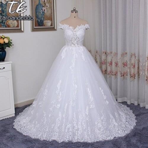 Off the Shoulder Sheer Bodice Lace High Quality Wedding Dress Ball Gowns Applique Lace Bridal Gowns Robe De Mariee