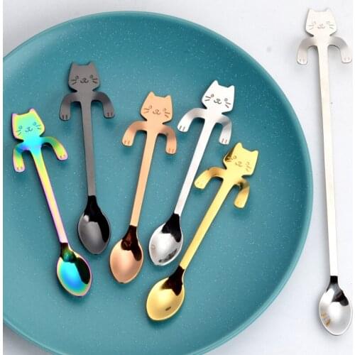 1PC Mini Stainless Steel Cartoon Cat Hanging Cup Coffee Spoon Long Handle Mug Tea Spoon Cat Shaped Handles Coffee Drink Spoon