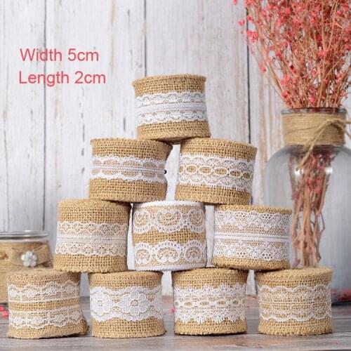 2Meter/Lot 50mm Natural Jute Burlap Hessian Lace Ribbon with White Lace Trim Edge Rustic Vintage Wedding Centerpieces Decor